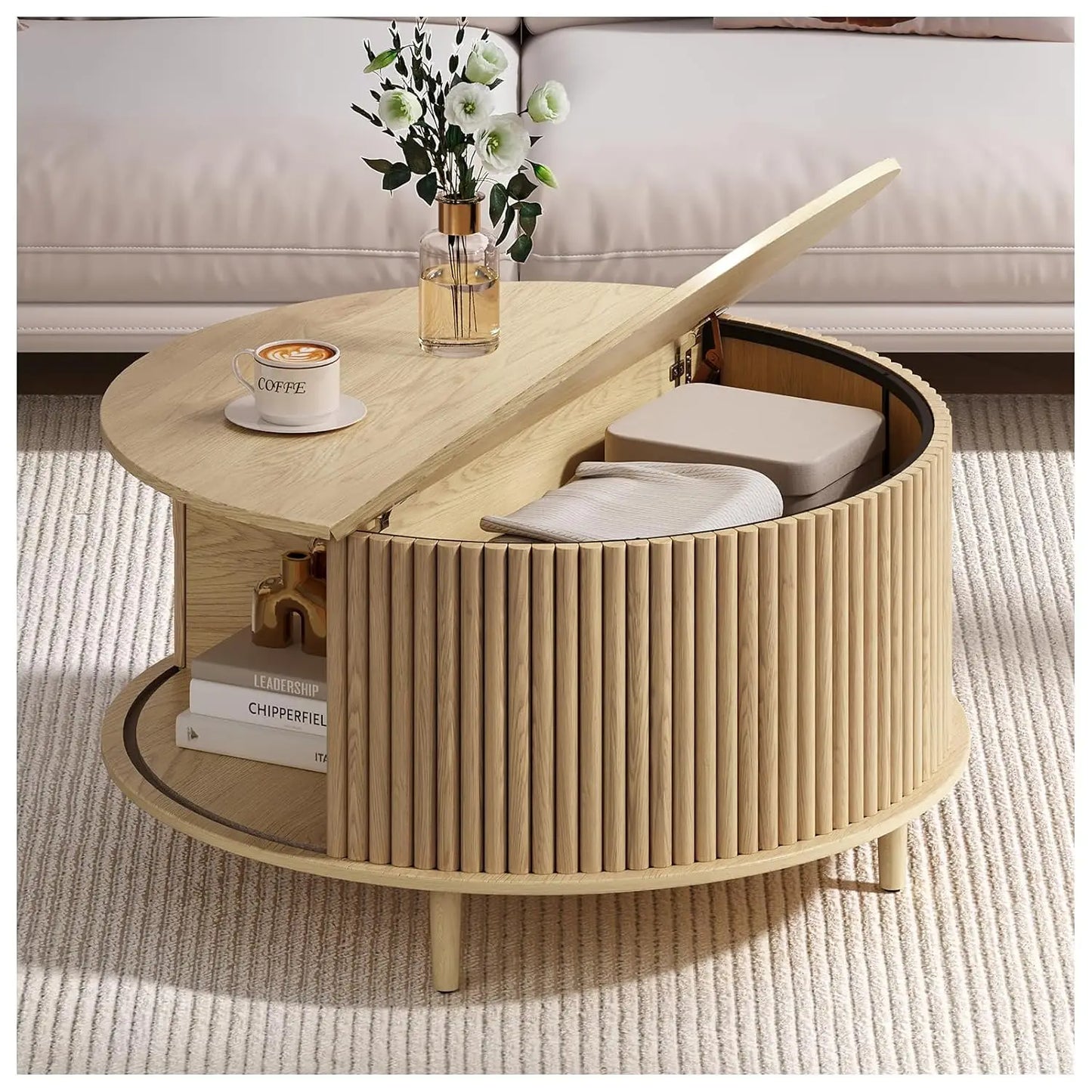 Round Coffee Table With Hidden Storage Walnut Wood Drum Table