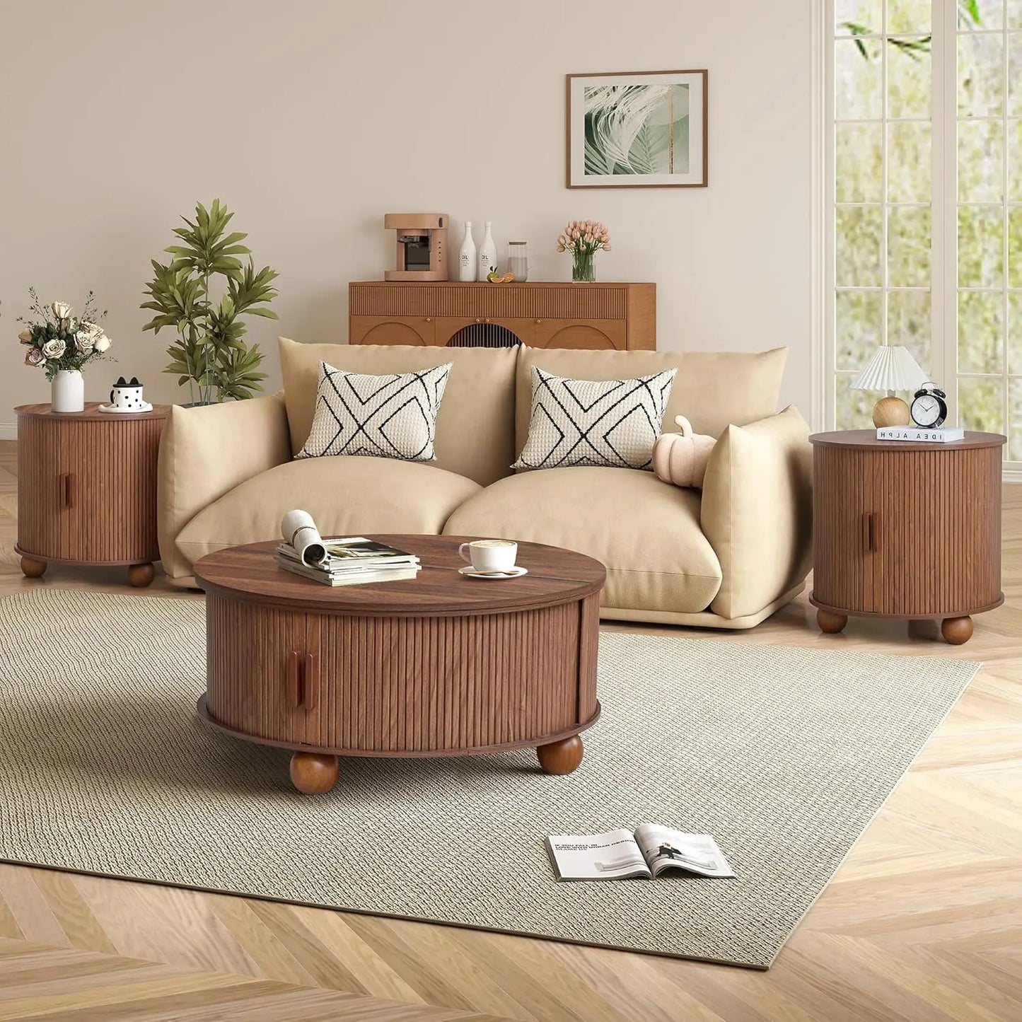 33.5" Lift-Top Coffee & 24" End Table Set 3-Piece Storage Living Room Furniture Natural Customized