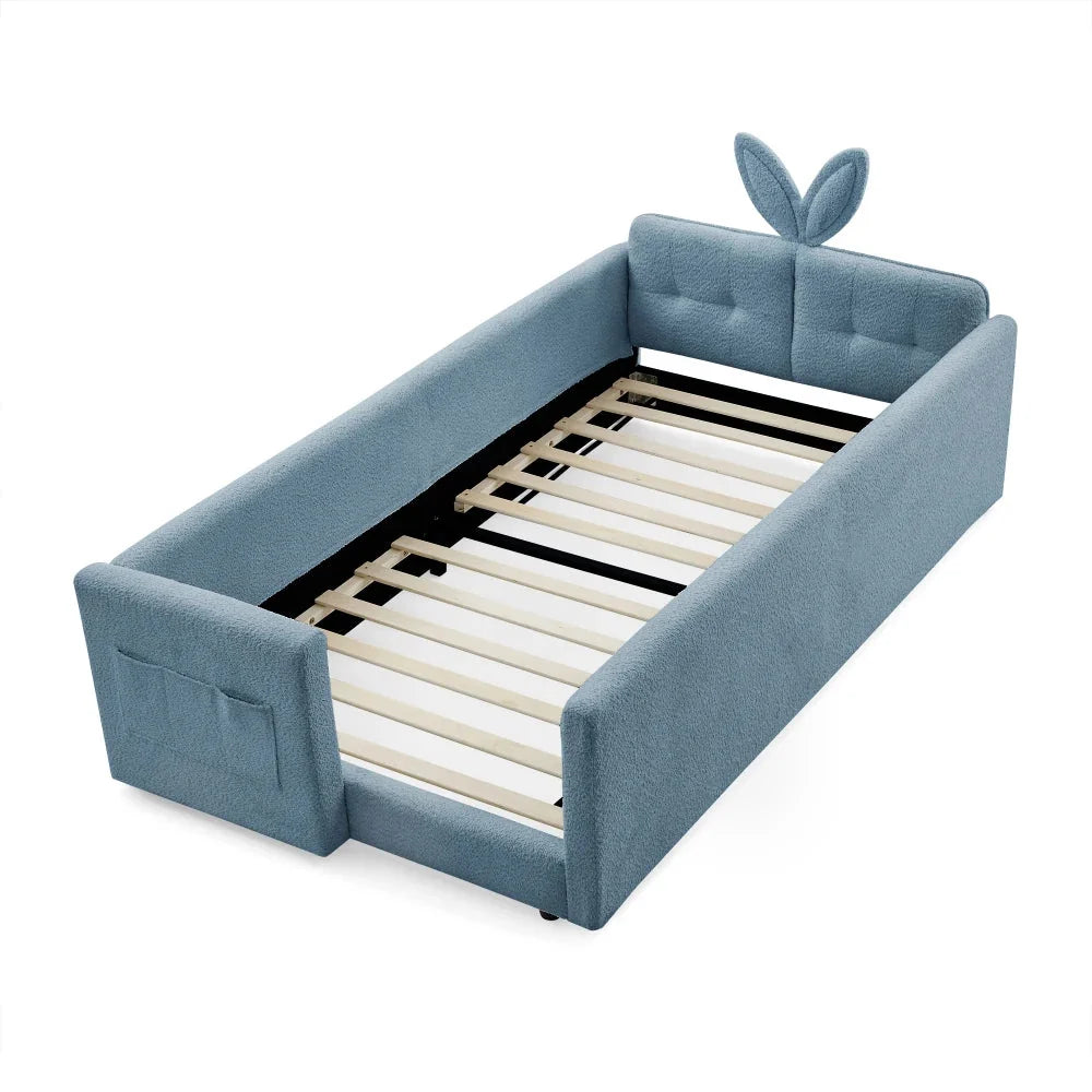 Twin Size Upholstered Platform Bed with Cute Rabbit Ear Shaped Headboard, with Safety Rail and Pocket, Boucle Fabric, Beige The Pet & Home Store