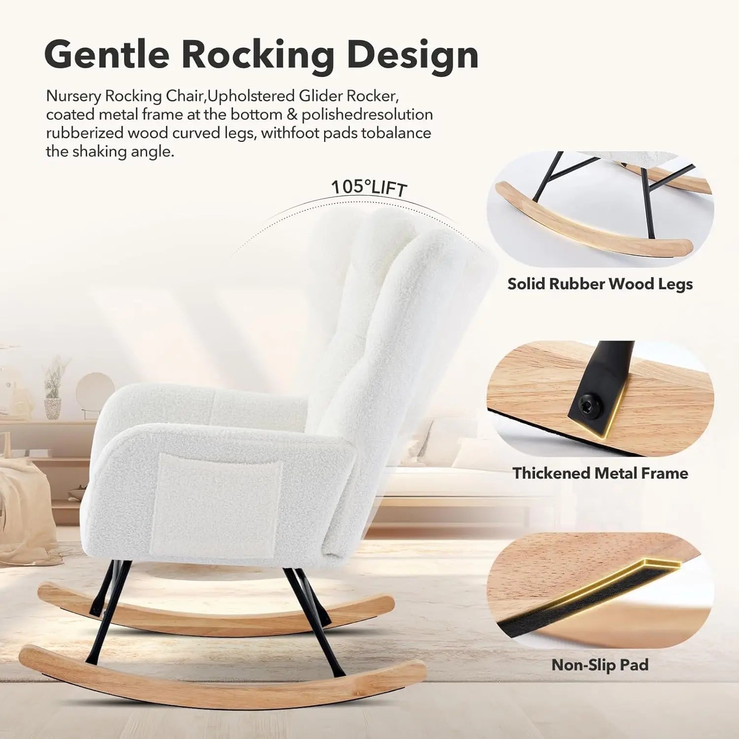 Modern Upholstered Nursery Rocking Chairs, with Side Pocket High Back Teddy Boucle Rocker Chair, Rocking Chair Backrest for Livi The Pet & Home Store