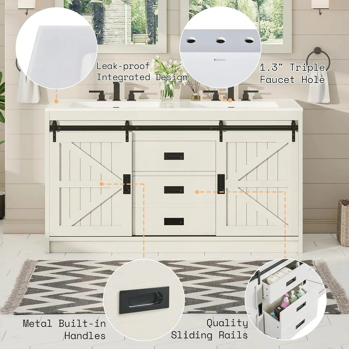 61" Farmhouse Double Bathroom Vanity with Sink Combo, Dual Basin Bathroom Storage Cabinet with Sliding Barn Doors & Drawers The Pet & Home Store