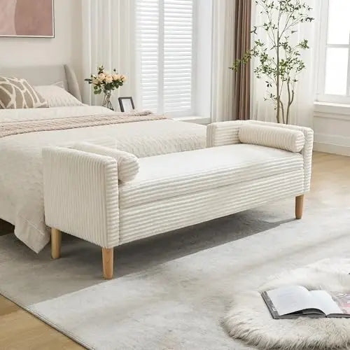 # Bed Storage Bench Upholstered Long Corduroy Window Bench Seat With Arms & Pillows For Bedroom