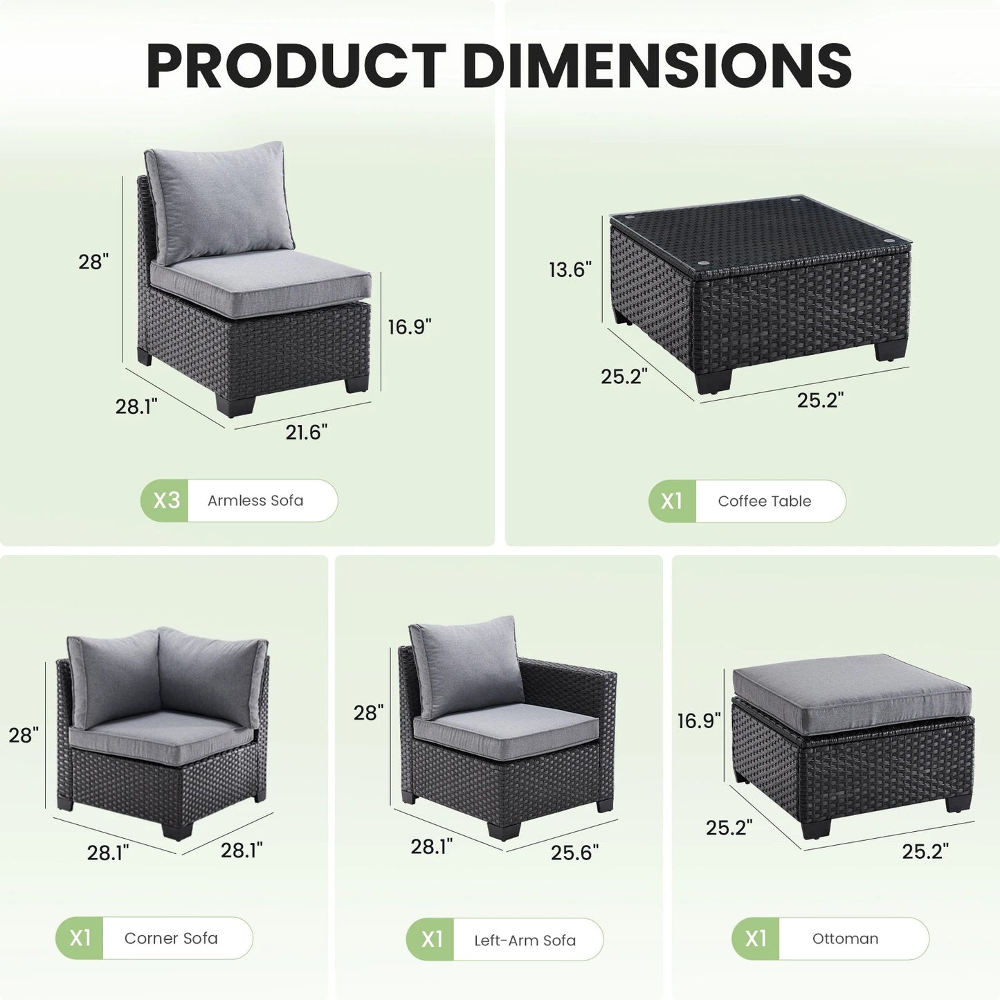 Farini Patio Sectional Sofa Set, Outdoor Furniture with Ottoman, Water/Oil/Stain-Resistant Fabric, Dark Gray Cushion + Gray Wick The Pet & Home Store