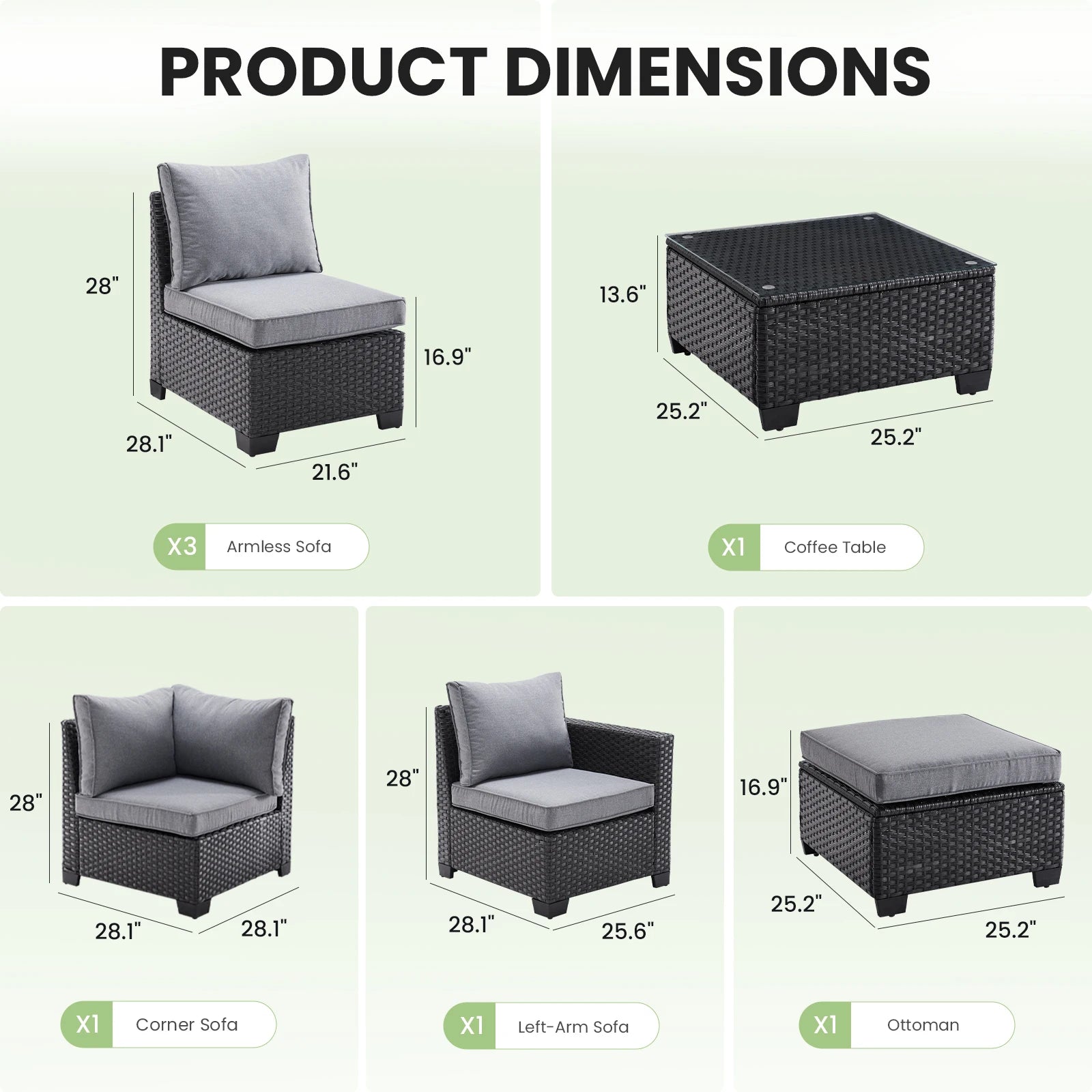 Farini Patio Sectional Sofa Set, Outdoor Furniture with Ottoman, Water/Oil/Stain-Resistant Fabric, Dark Gray Cushion + Gray Wick The Pet & Home Store
