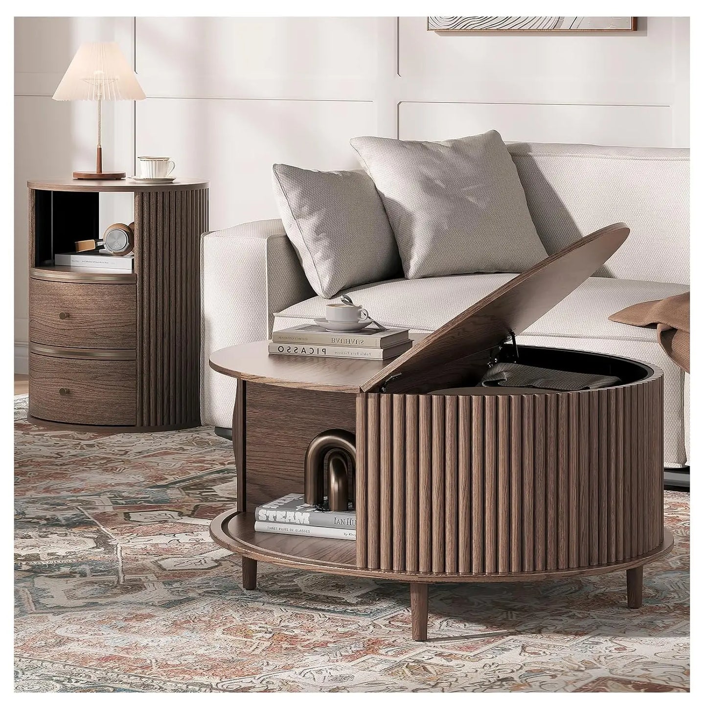 Round Coffee Table With Hidden Storage Walnut Wood Drum Table