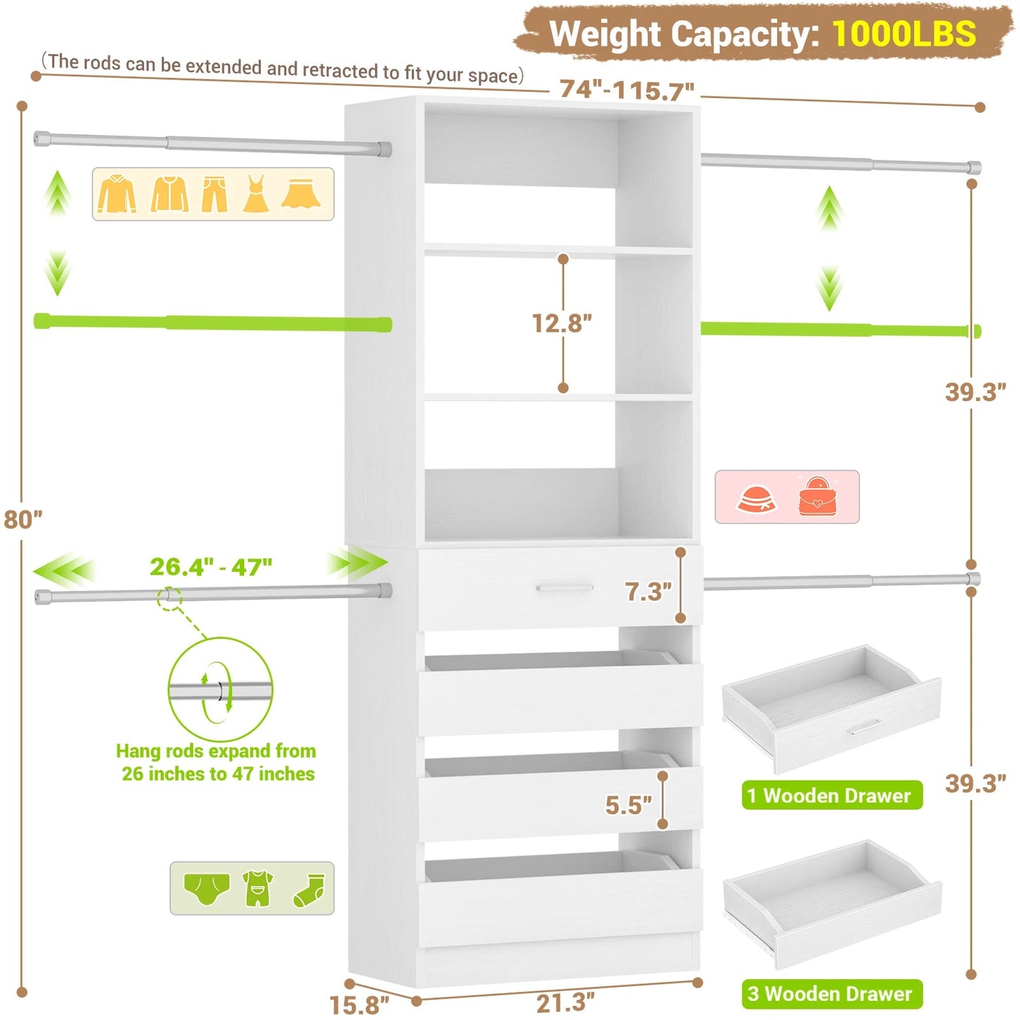 4-9Ft Closet System with 4 Wooden Drawers, Walk-in Closet Organizer Wardrobe Clothes Rack with 4 Hanging Rods, Garment Rack The Pet & Home Store