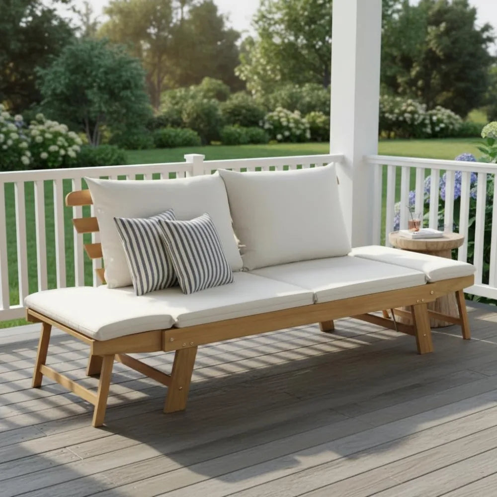 Convertible Acacia Patio Sofa Bed Adjustable Armrest Cushion Pillows Outdoor Folding Futon Bench Porch Garden 3-Seat, Custom