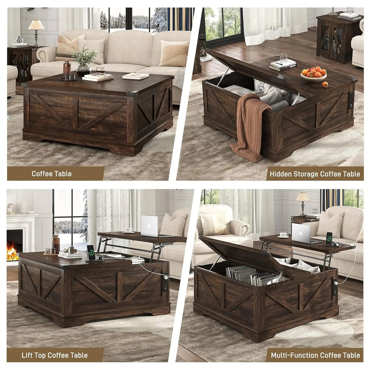 40" Farmhouse Lift Top Coffee Table, Power Outlets & Large Hidden Storage, Square Wood Living Room Table, Custom