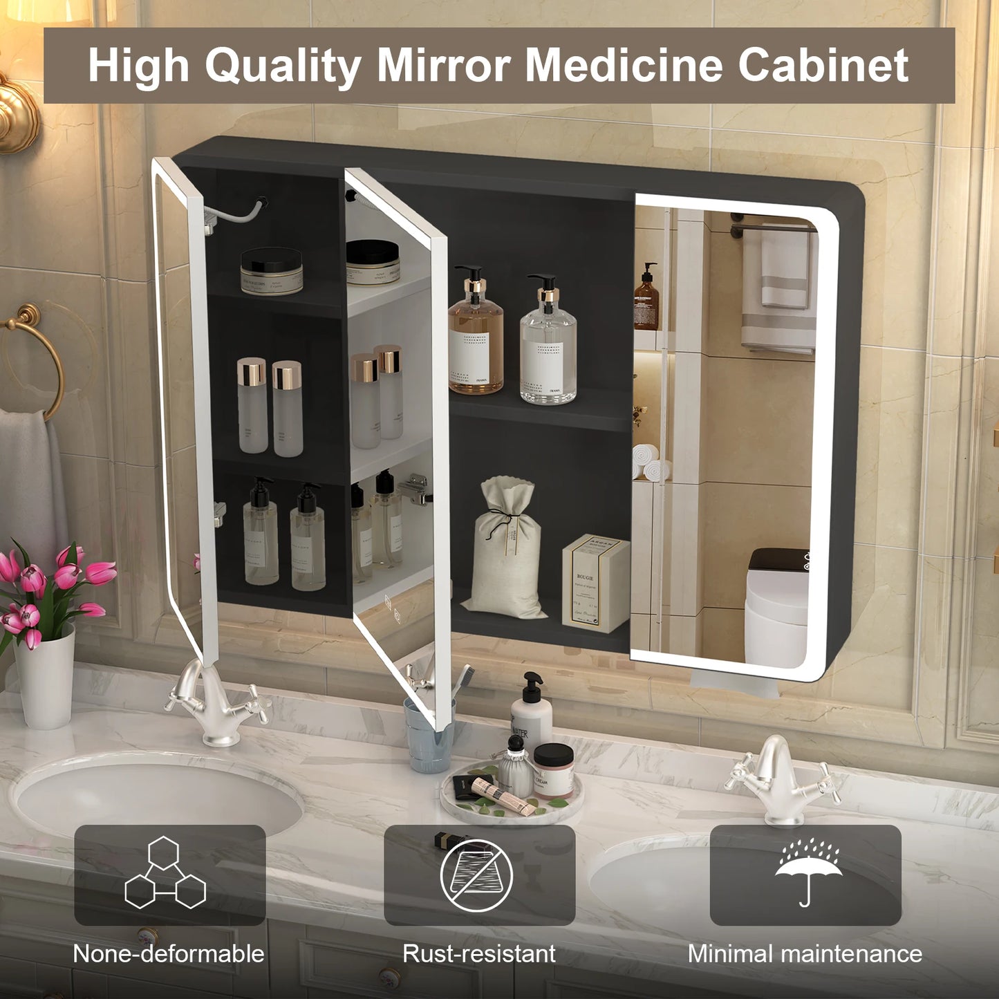 Onesaimei LED Mirror Bathroom Medicine Cabinet With 2 Doors