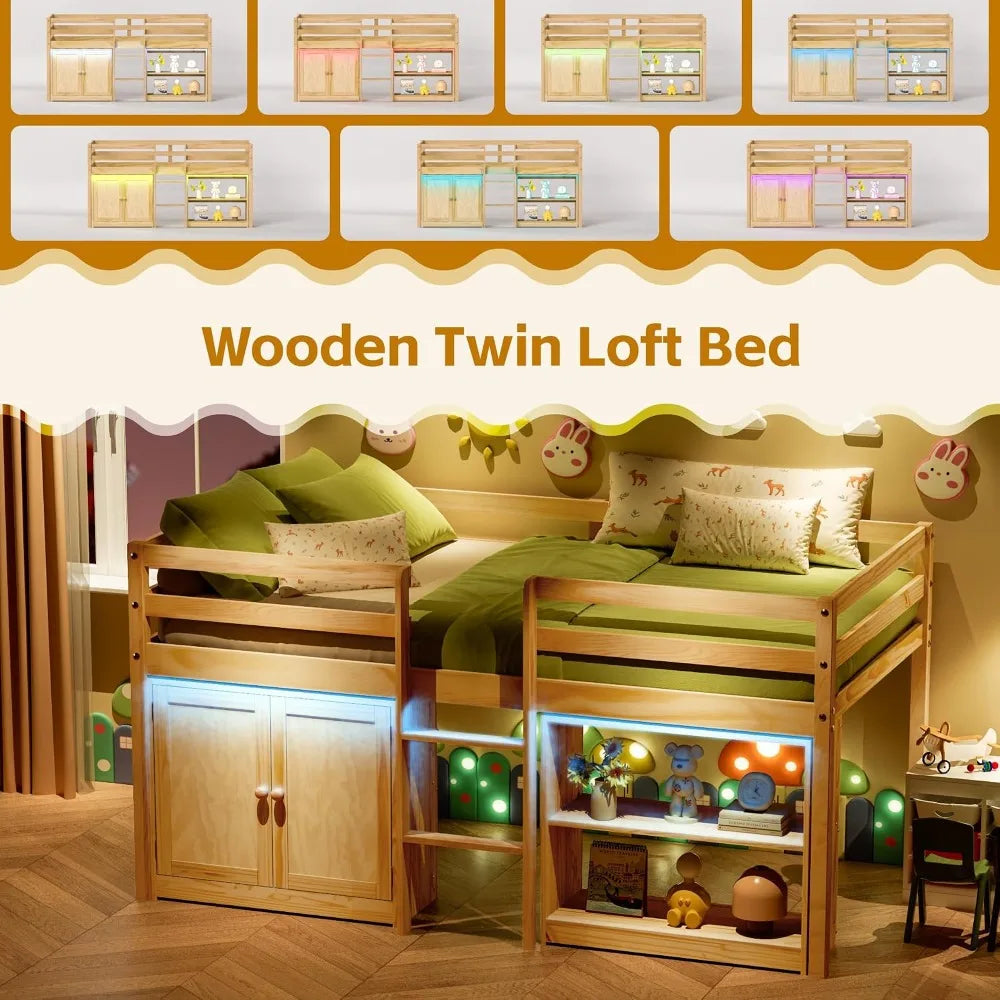 Low Loft Bed With Led Lights, Storage Cabinet And Guardrail