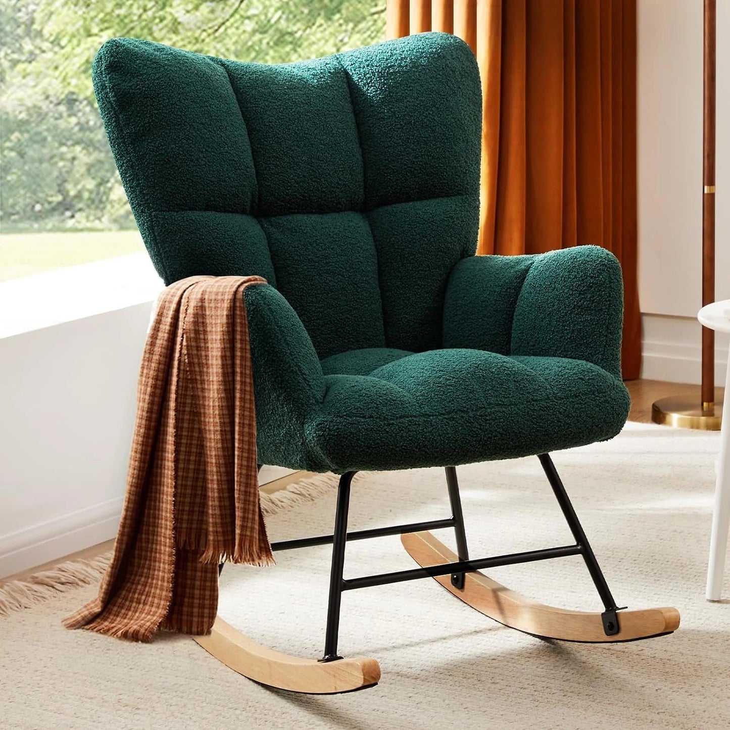 Modern Upholstered Nursery Rocking Chairs, with Side Pocket High Back Teddy Boucle Rocker Chair, Rocking Chair Backrest for Livi The Pet & Home Store