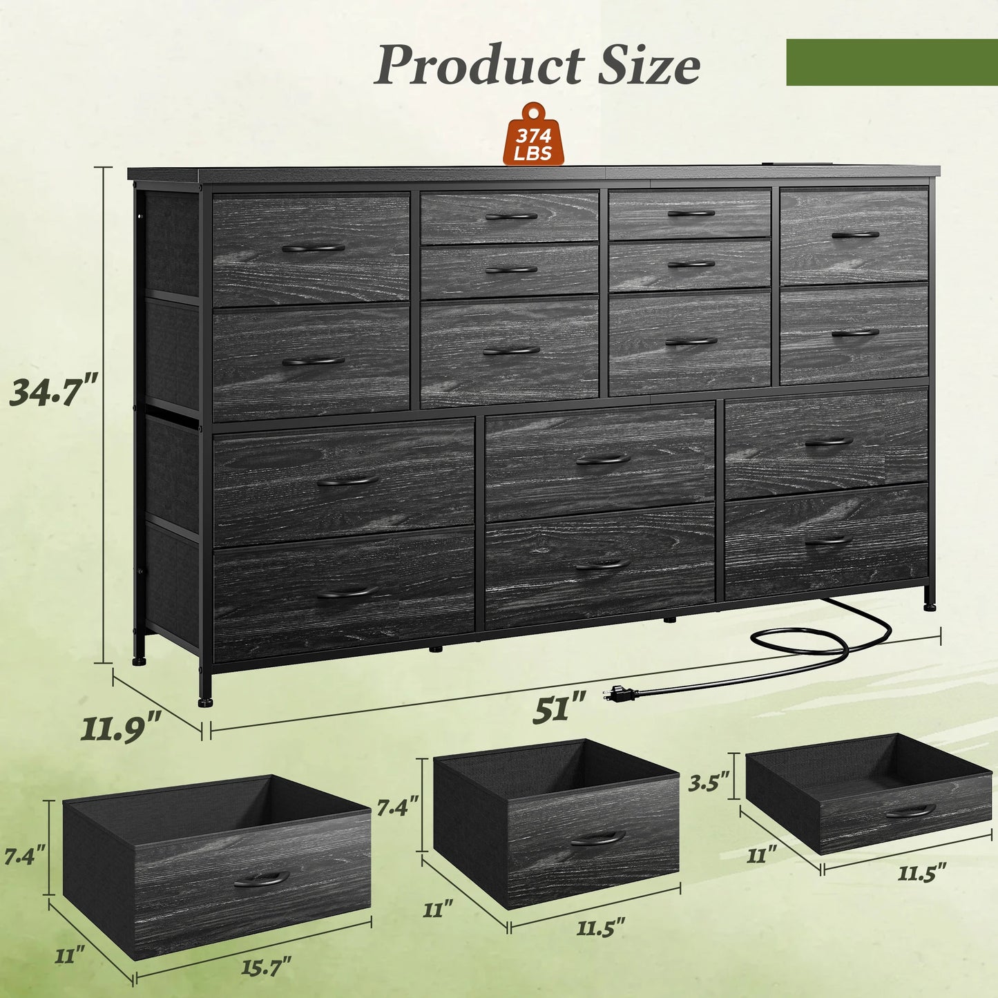 16-Drawer Fabric Dresser with Charging Station - Versatile TV Stand for 60" TVs, Organizer for Bedroom or Living Room