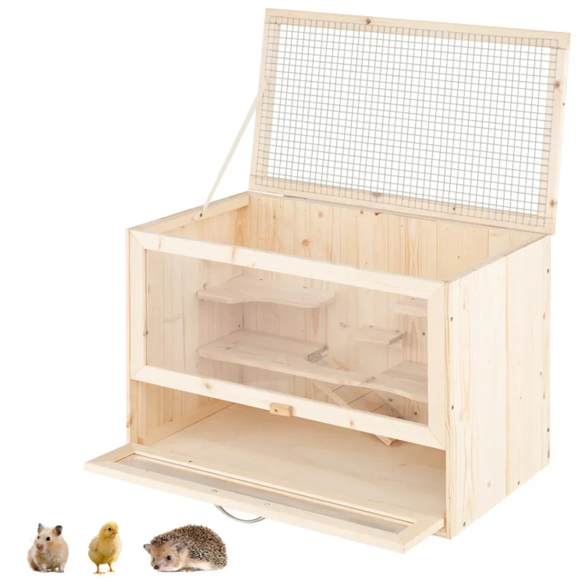 Fir Wood Hamster Cage with Flip Roof, Multi-Ladder Activity Areas for Guinea Pigs Hedgehogs