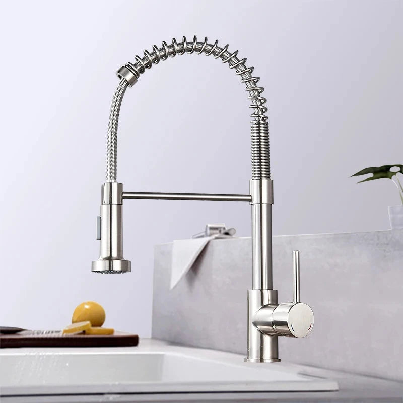 Spring Pull Down Kitchen Faucets Stainless Steel Stream Spray Sink Faucet Hot Cold Water Tap Rotation Kitchen Mixer Tap