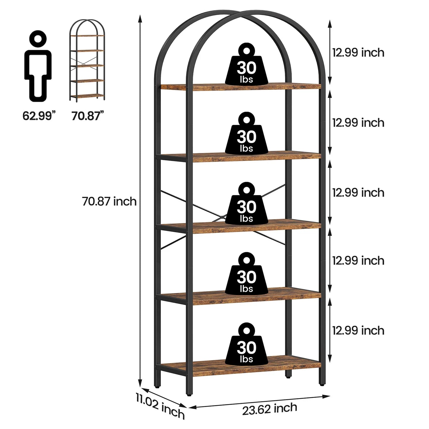 TWISTER.CK 5-Tier Arched Bookshelf Industrial Open Display