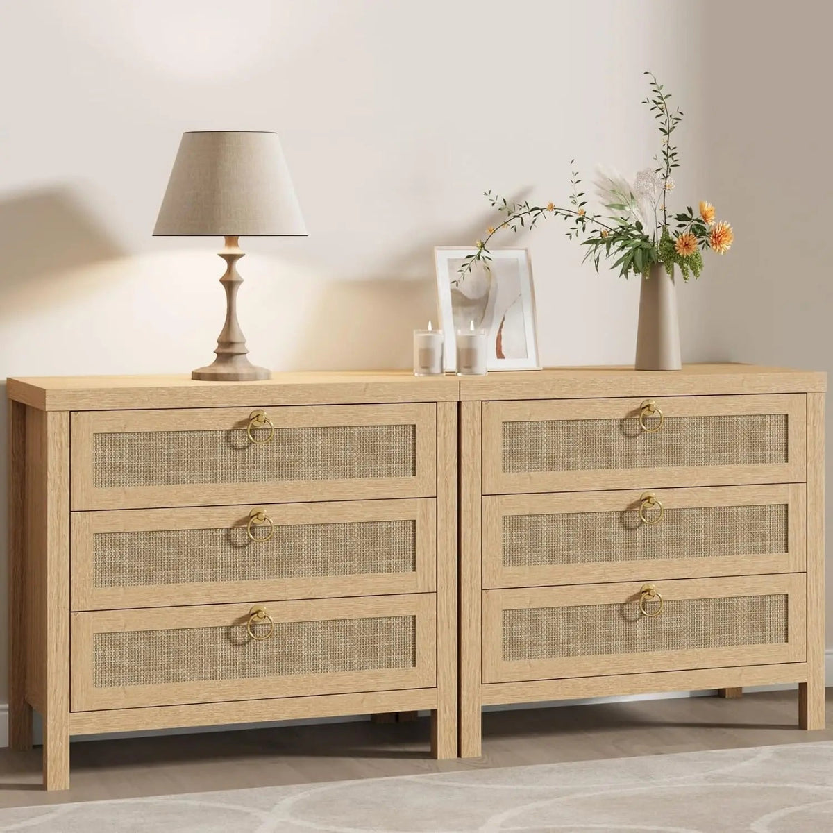 Large White Rattan Nightstands Set of 2, Boho Style with Drawers & Storage Shelf Bedroom Bedside End Table, Custom The Pet & Home Store