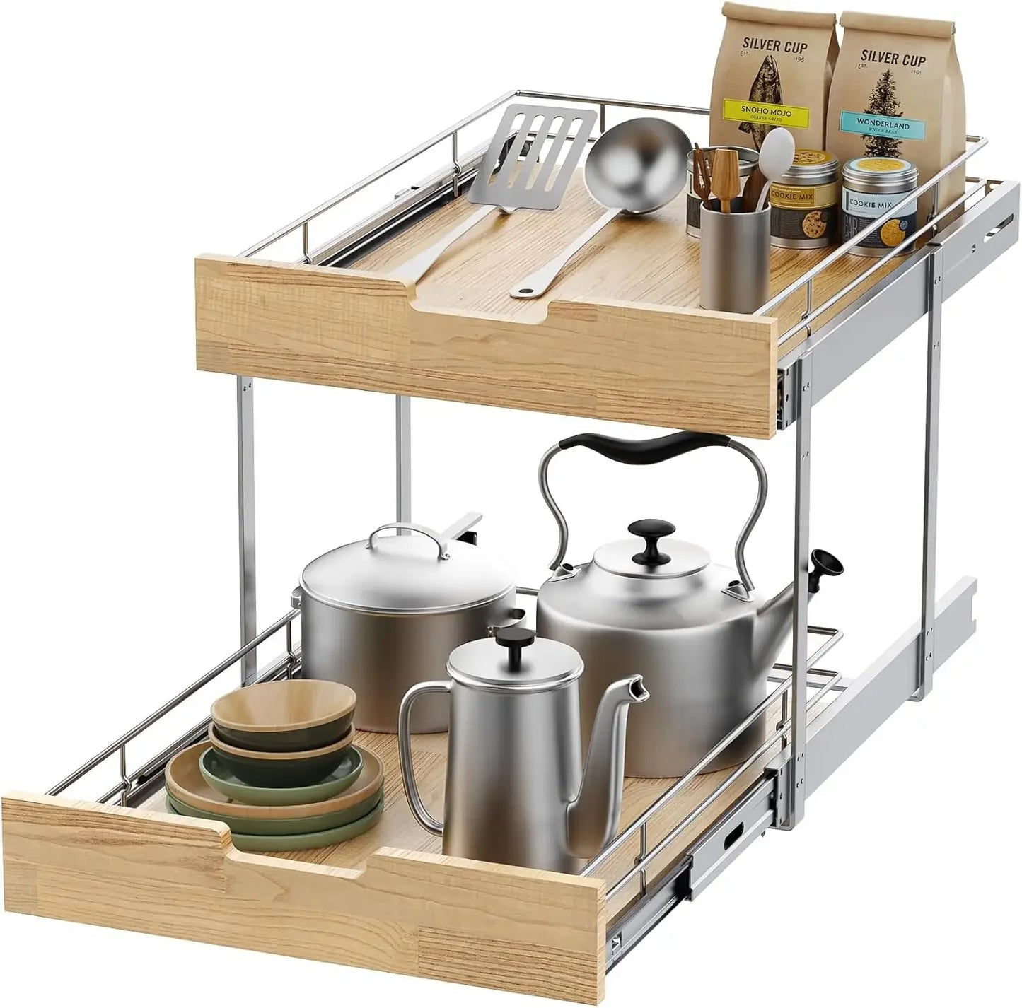 Two Tier Pull Out Cabinet Organizer With Wire Basket