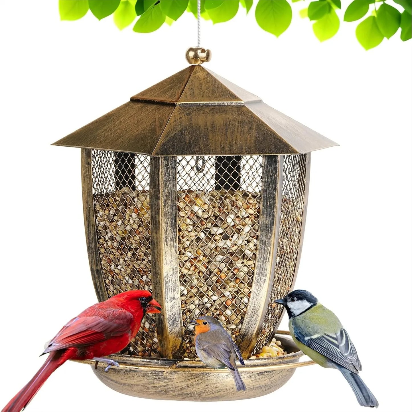 Hexagon Lantern Bird Feeder for Outside, Heavy Duty Metal Wild Bird Feeder Hanging for Garden Yard with 360° Feeding Port