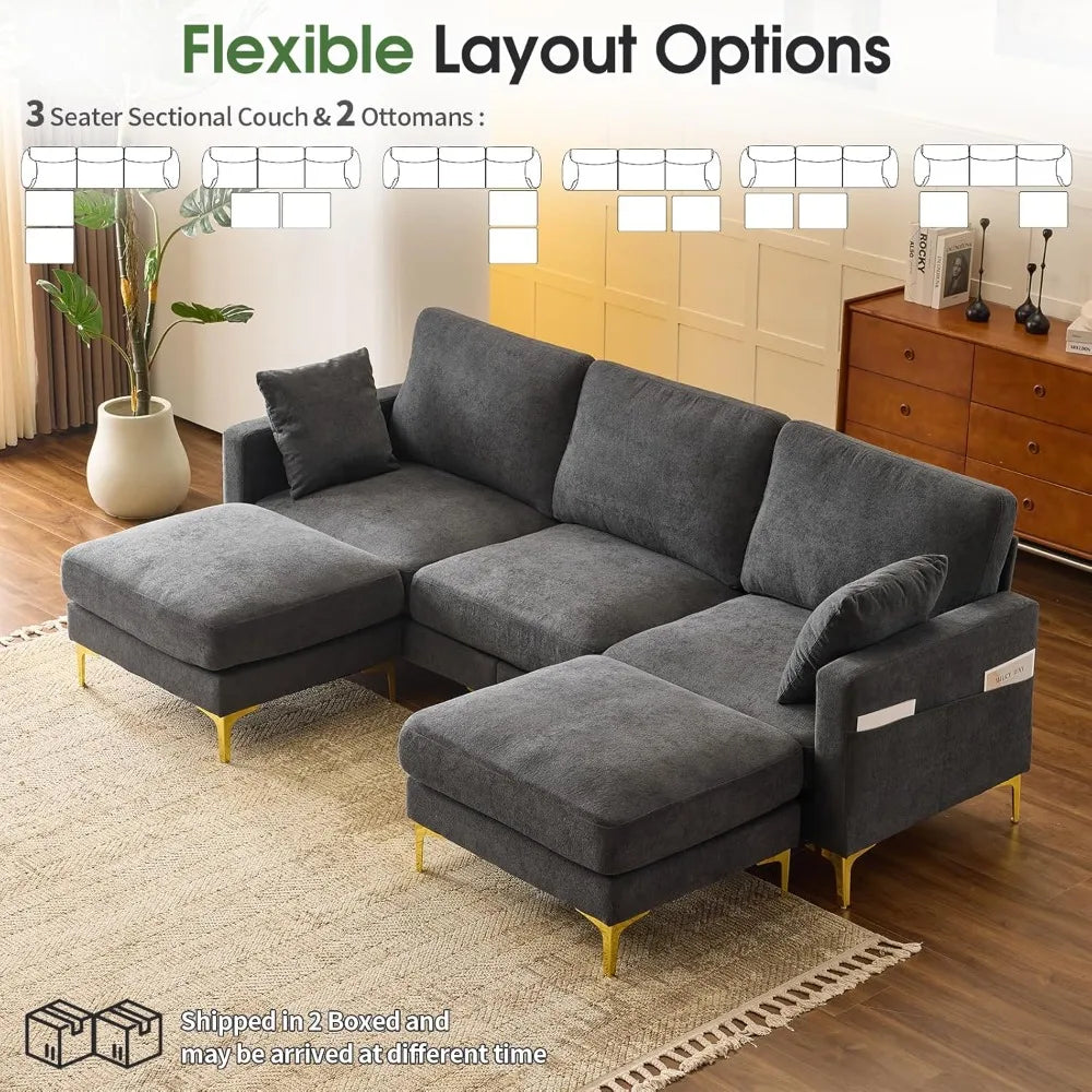 100" W U Shaped Couch with Ottoman, 22" Deep Seat Comfortable Sectional Couches for Living Room,  Chenille Fabric，Customized