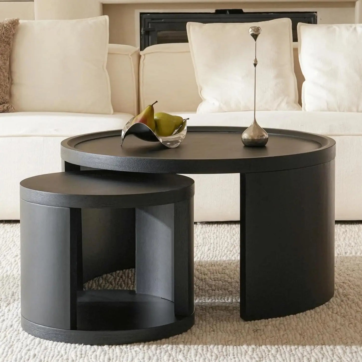 Round Nesting Coffee Table Set of 2 with Wood Tops