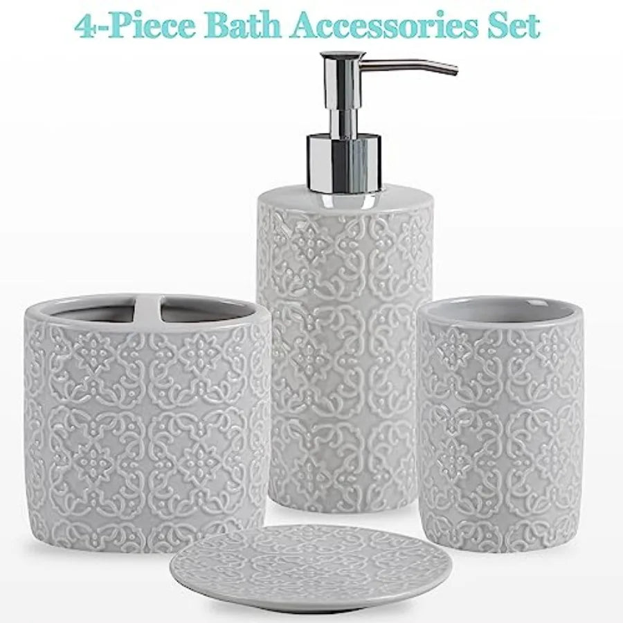 Ceramic Bathroom Accessories Set With Embossed Damask Medallion Dispenser