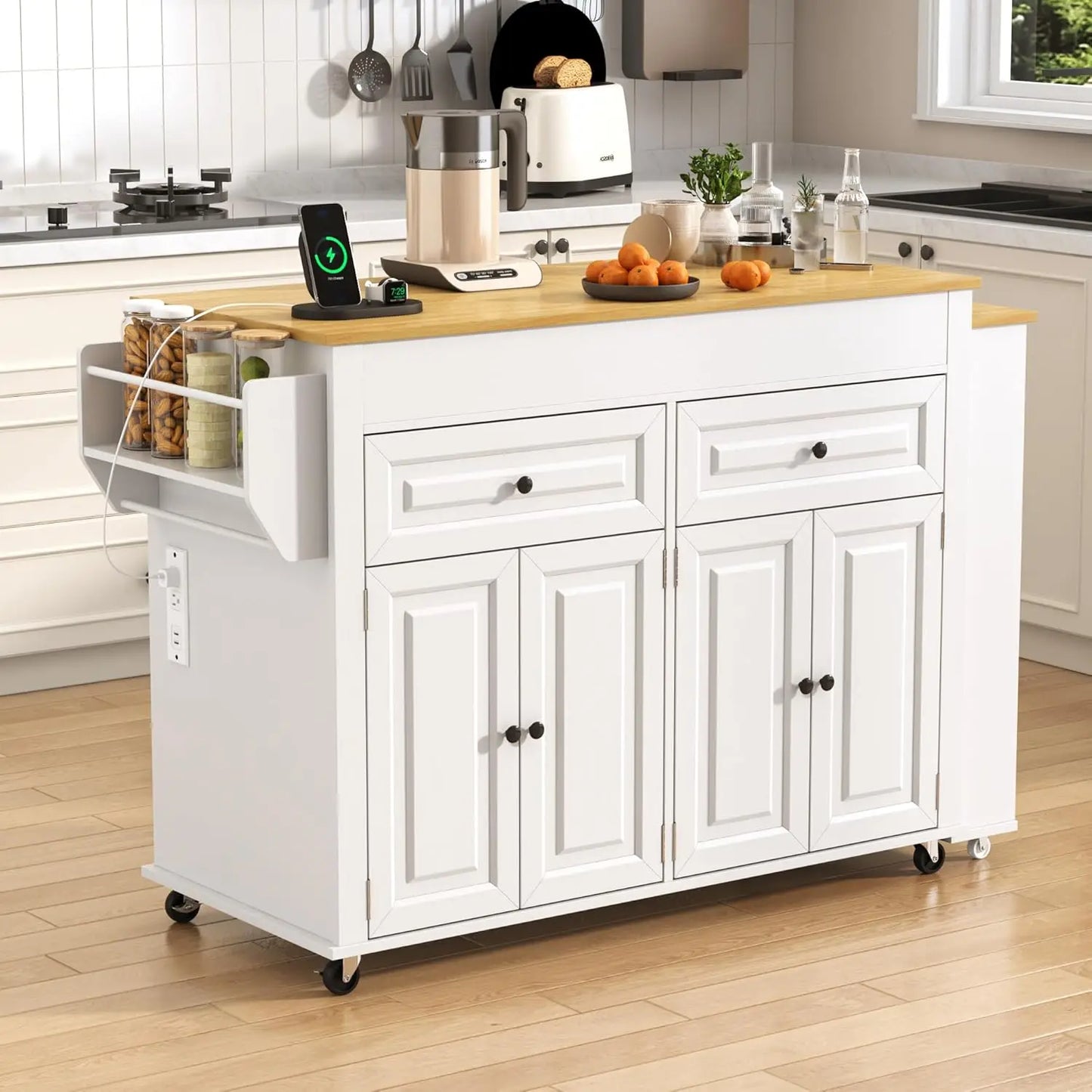 Extendable Kitchen Island With Power Outlet And Storage