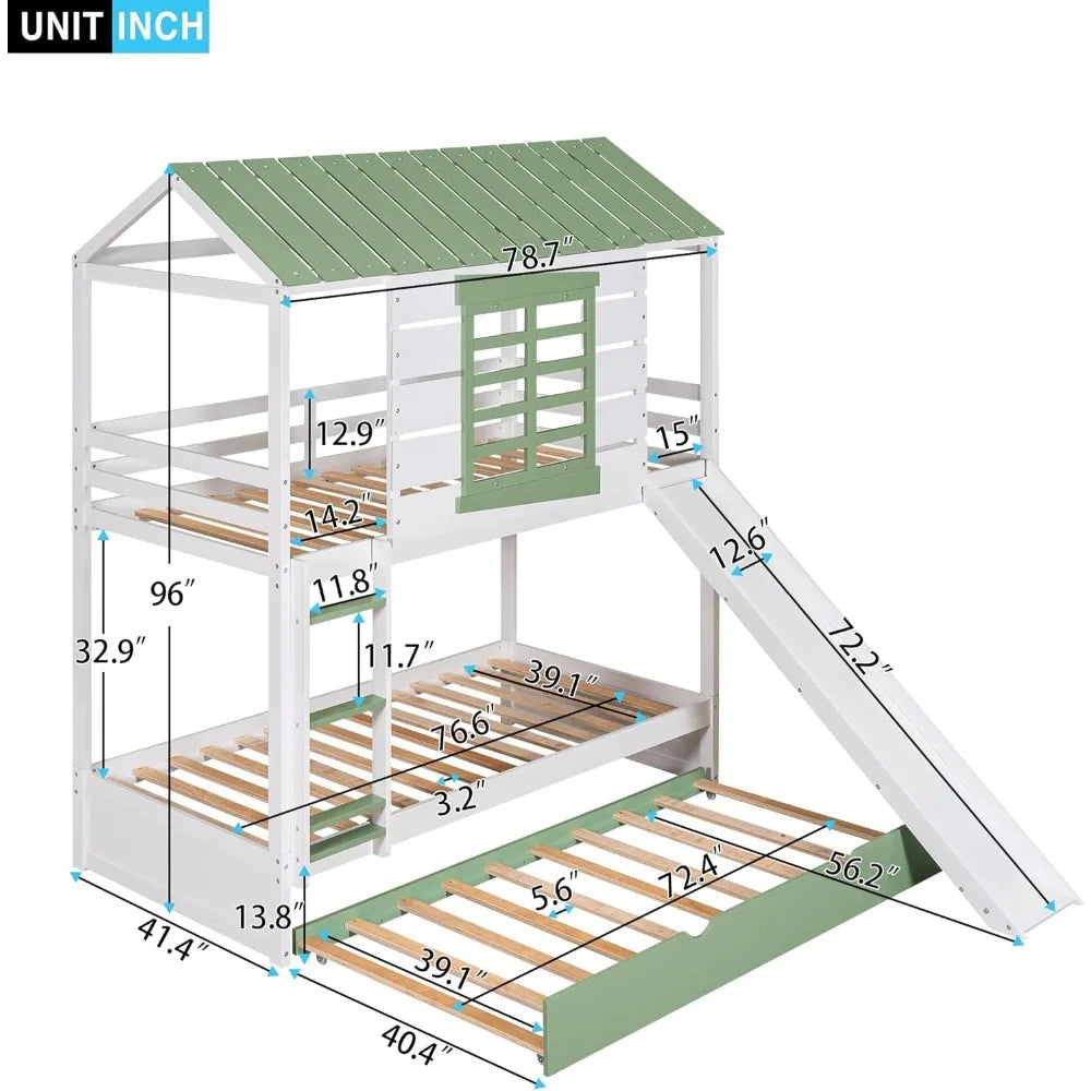 Twin Over Twin Bunk Bed With Slide Trundle Playhouse