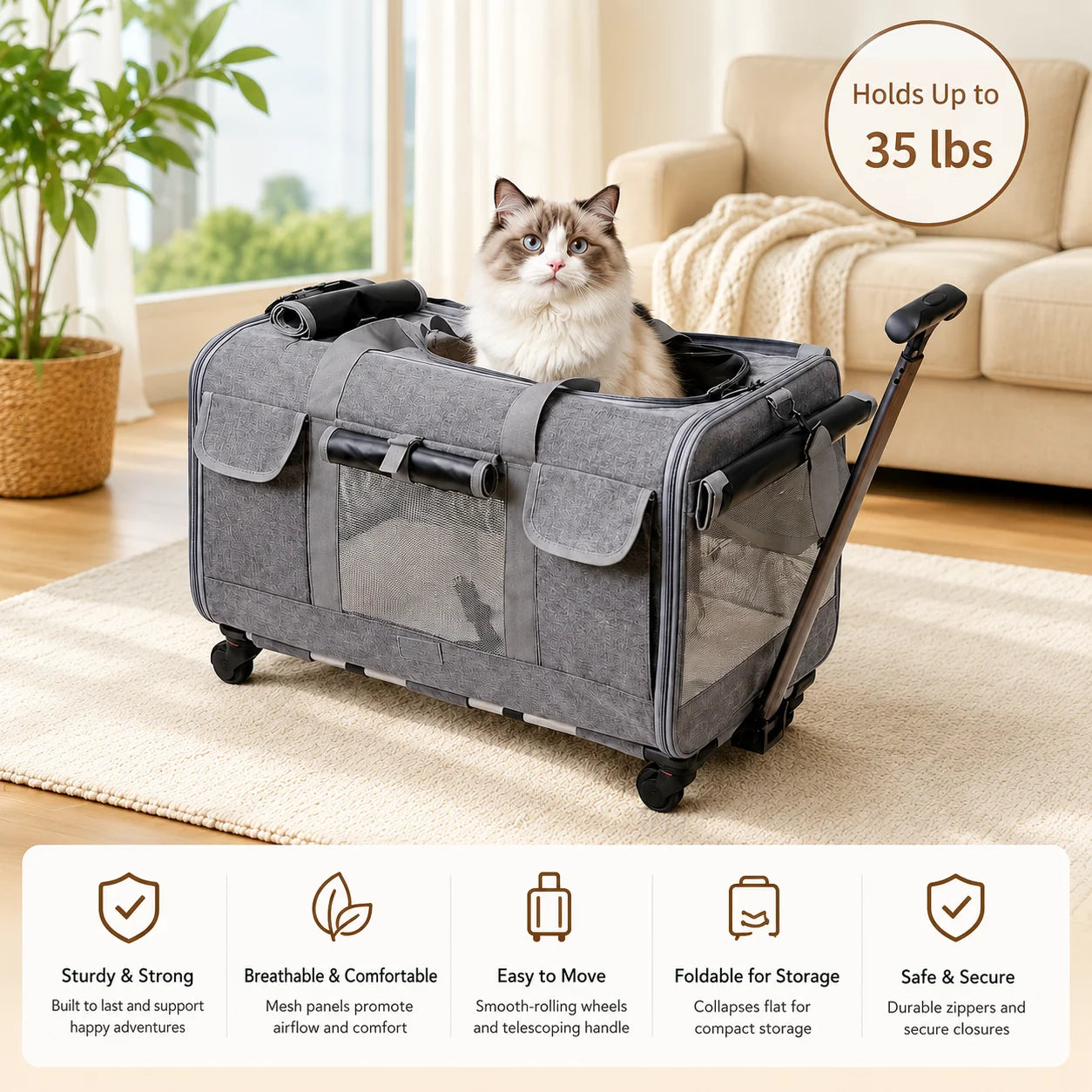 XMSJ Cat Dog Carrier With Wheels Travel Roller Bag