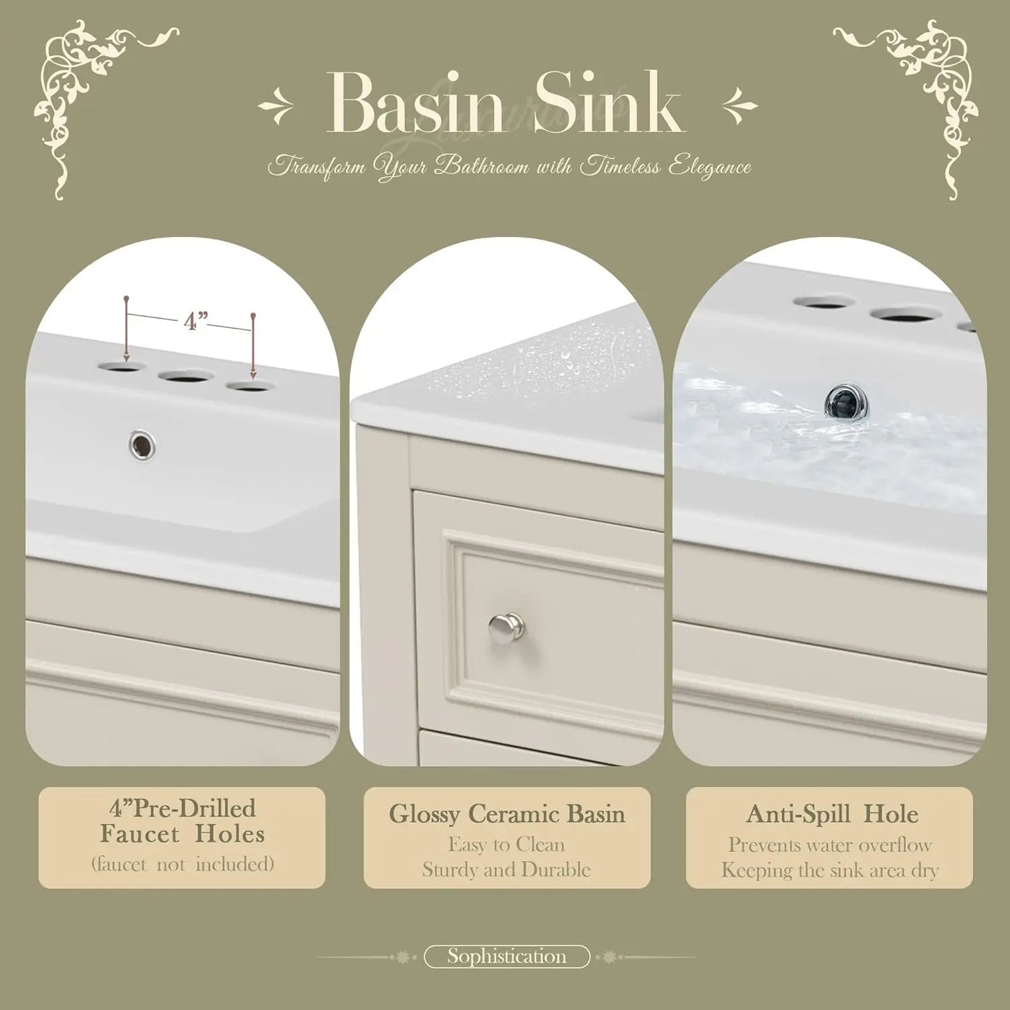 36" Bathroom Vanity with Sink Farmhouse Storage Cabinet 4 Drawers Open Shelf Solid Wood Frame Bath Furniture Customized