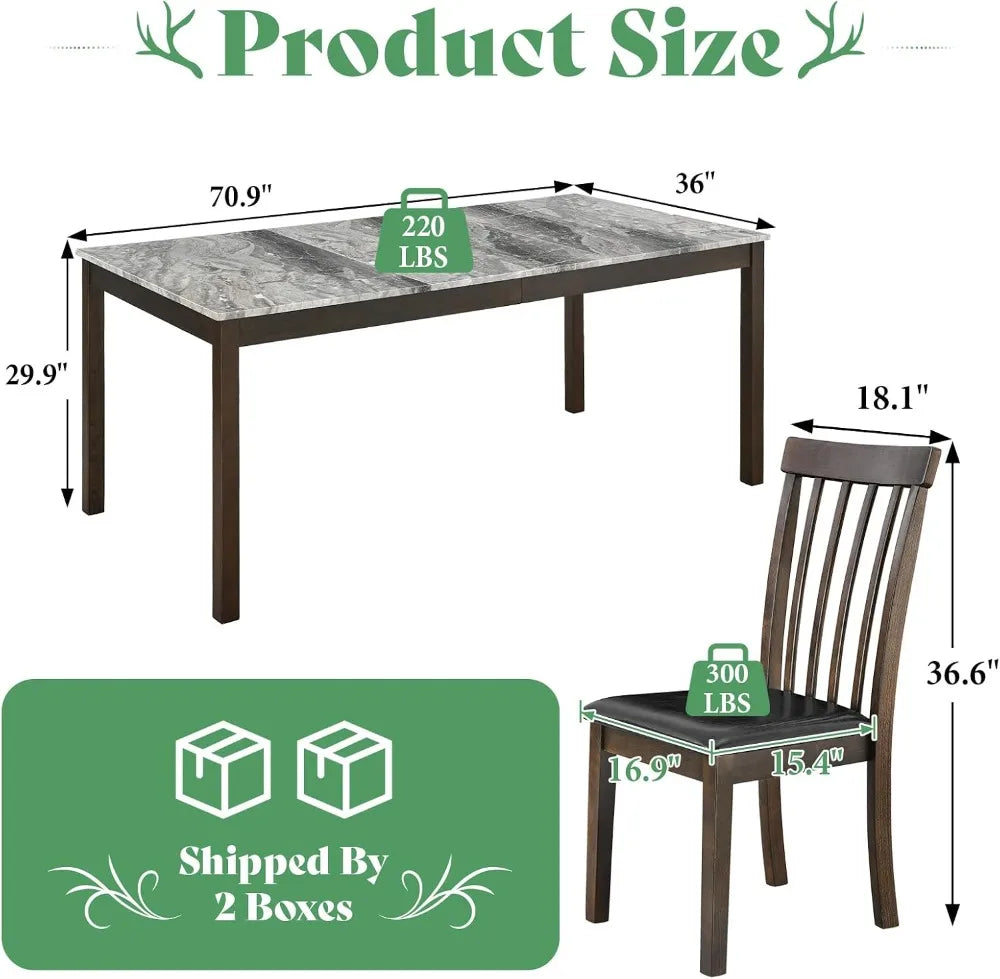 7-Piece Dining Set, 71" Faux Marble Table, 6 PU Chairs, Solid Wood, Dark Brown