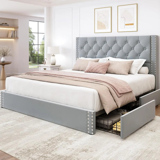 Queen Size Bed Frame Upholstered Platform Bed with 4 Storage Drawers and Tufted Headboard Bed Frame with Heavy Duty, Customized