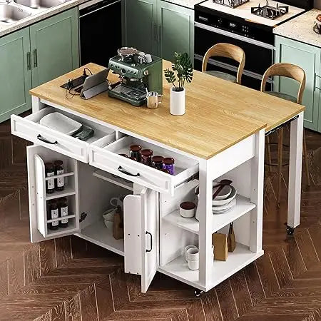 DAFIFY Kitchen Island On Wheels With Power Outlet Extendable Table