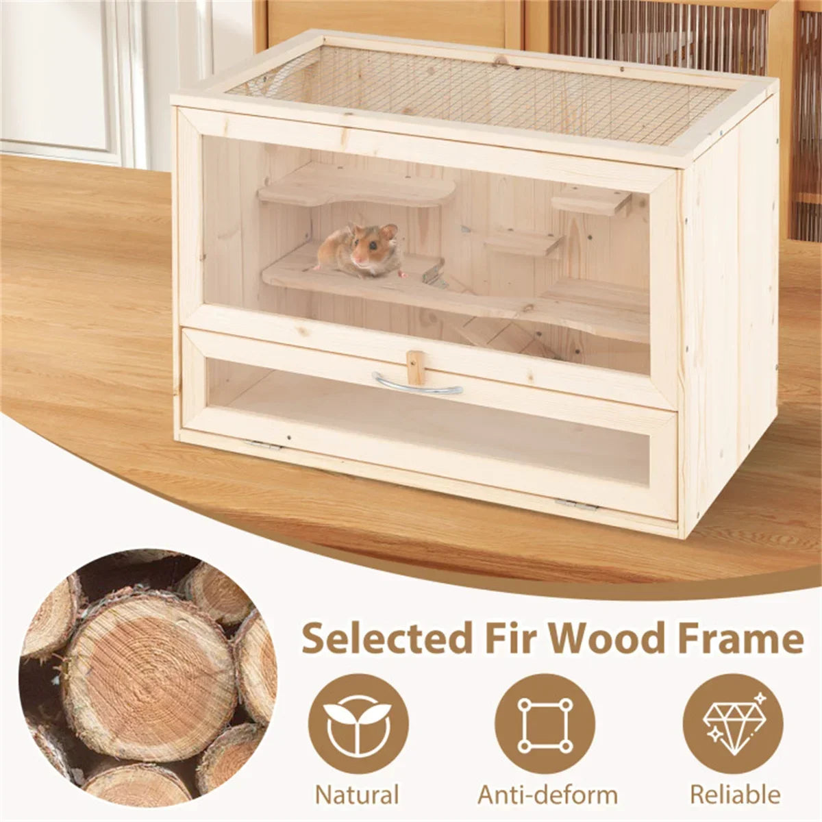 Fir Wood Hamster Cage with Flip Roof, Multi-Ladder Activity Areas for Guinea Pigs Hedgehogs