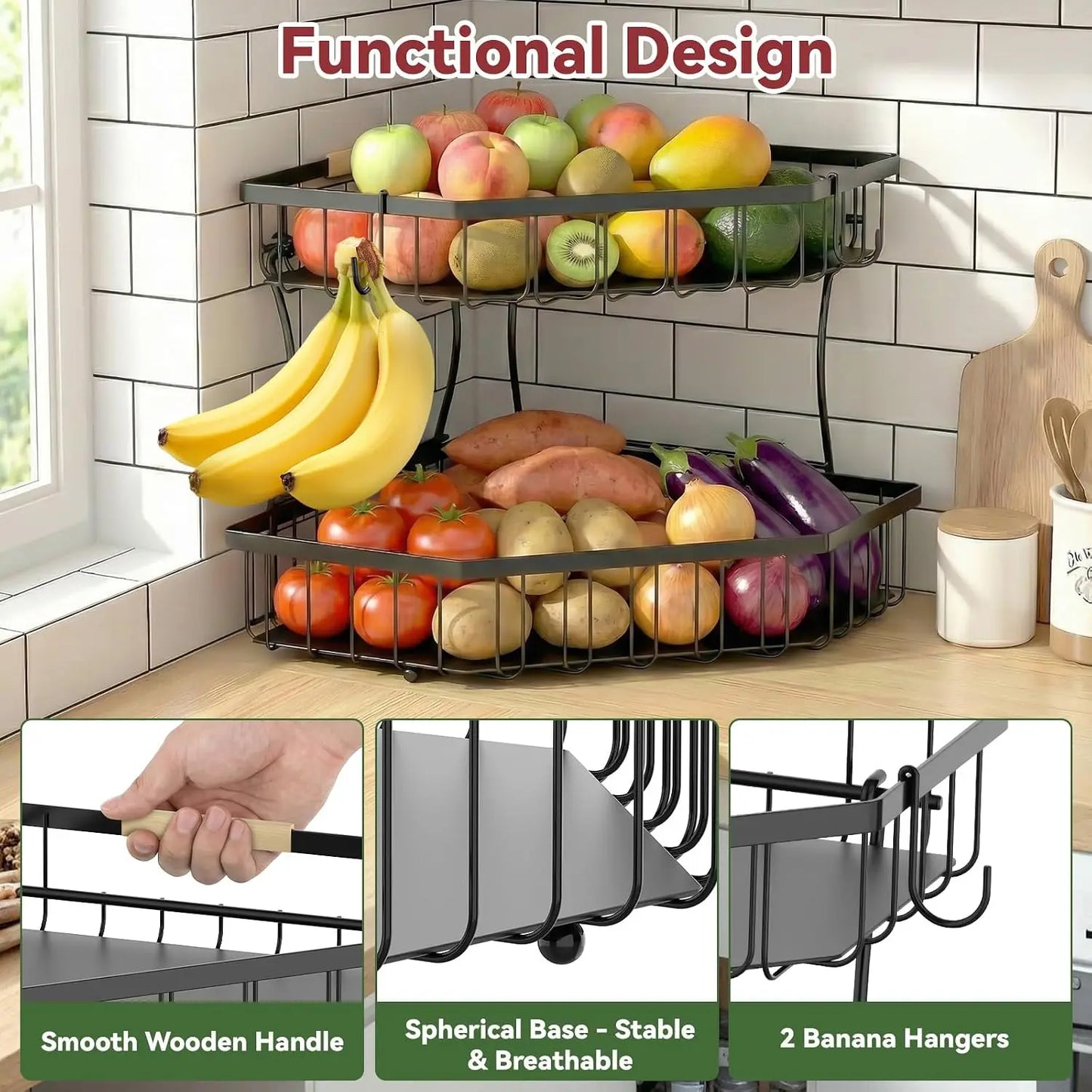 2-Tier Fruit Basket for Corner with Banana Hangers, Detachable, Large Capacity, Black