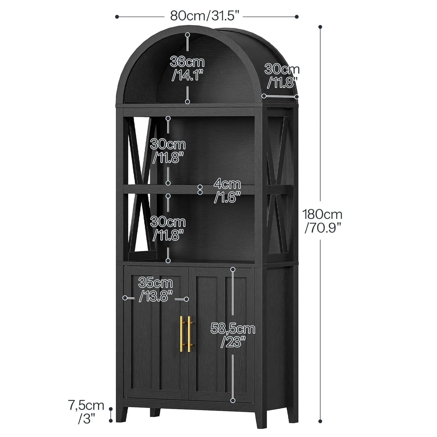 71" Arched Wooden Media Storage Cabinet 5-Tier Open Shelf Bookcase for Living Room, Home Office, Customized The Pet & Home Store