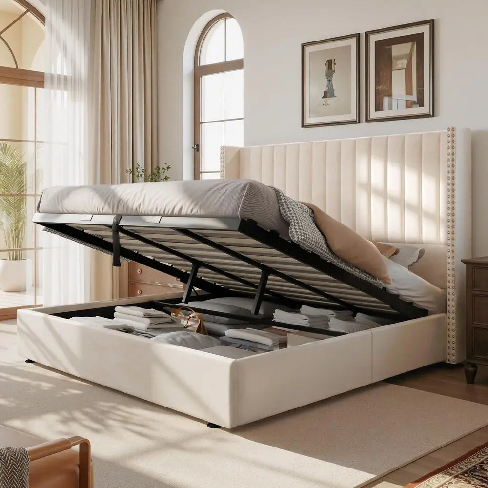 Upholstered King Lift Up Storage Bed Frame Velvet Headboard