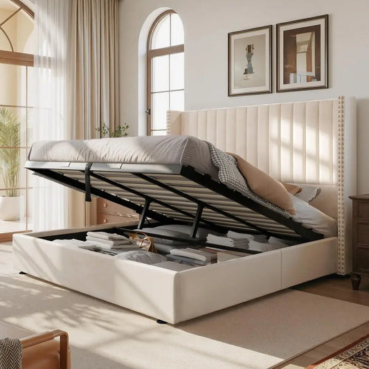 Upholstered King Lift Up Storage Bed Frame Velvet Headboard