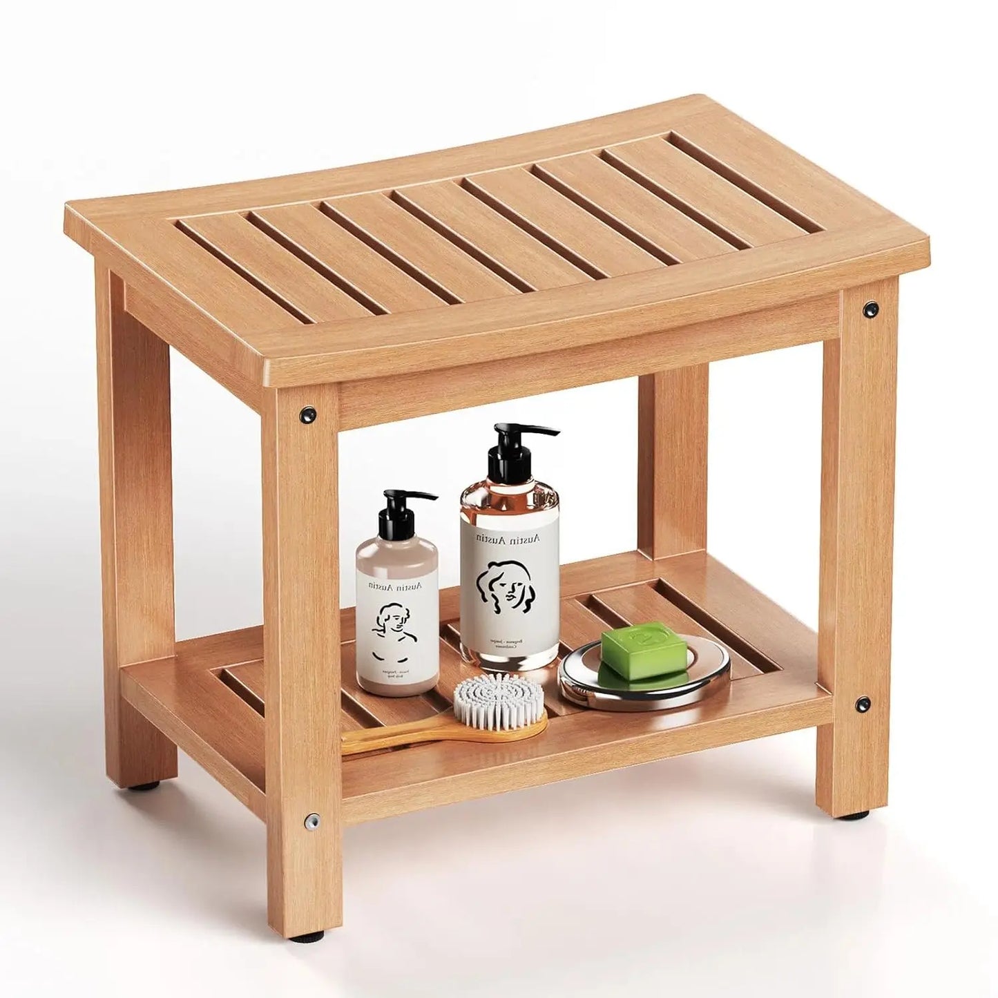 21" Poly Lumber Waterproof Shower Bench with Storage Shelf, Non-Slip Faux Wood Shower Stool for Bathroom, Indoor &, Customized