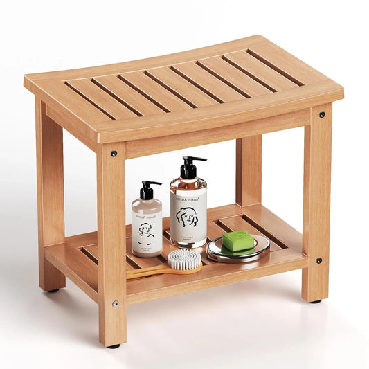 21" Poly Lumber Waterproof Shower Bench with Storage Shelf, Non-Slip Faux Wood Shower Stool for Bathroom, Indoor &, Customized