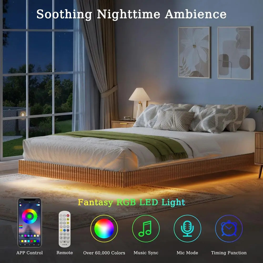 3 Pieces Queen Bedroom Set, Floating Bed Frame with Smart LED Lights amp Nightstand Set of 2, Fluted Bedroom Furniture Set for