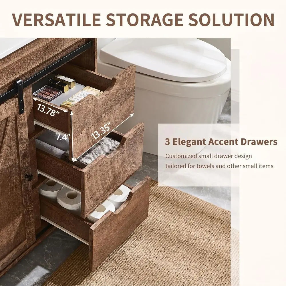 30" armhouse Bathroom Vanity with Ceic Sink Combo, reestanding ern Bathroom Storage Vanity Cabinet w/Sliding Barn Door, 3 Ders &