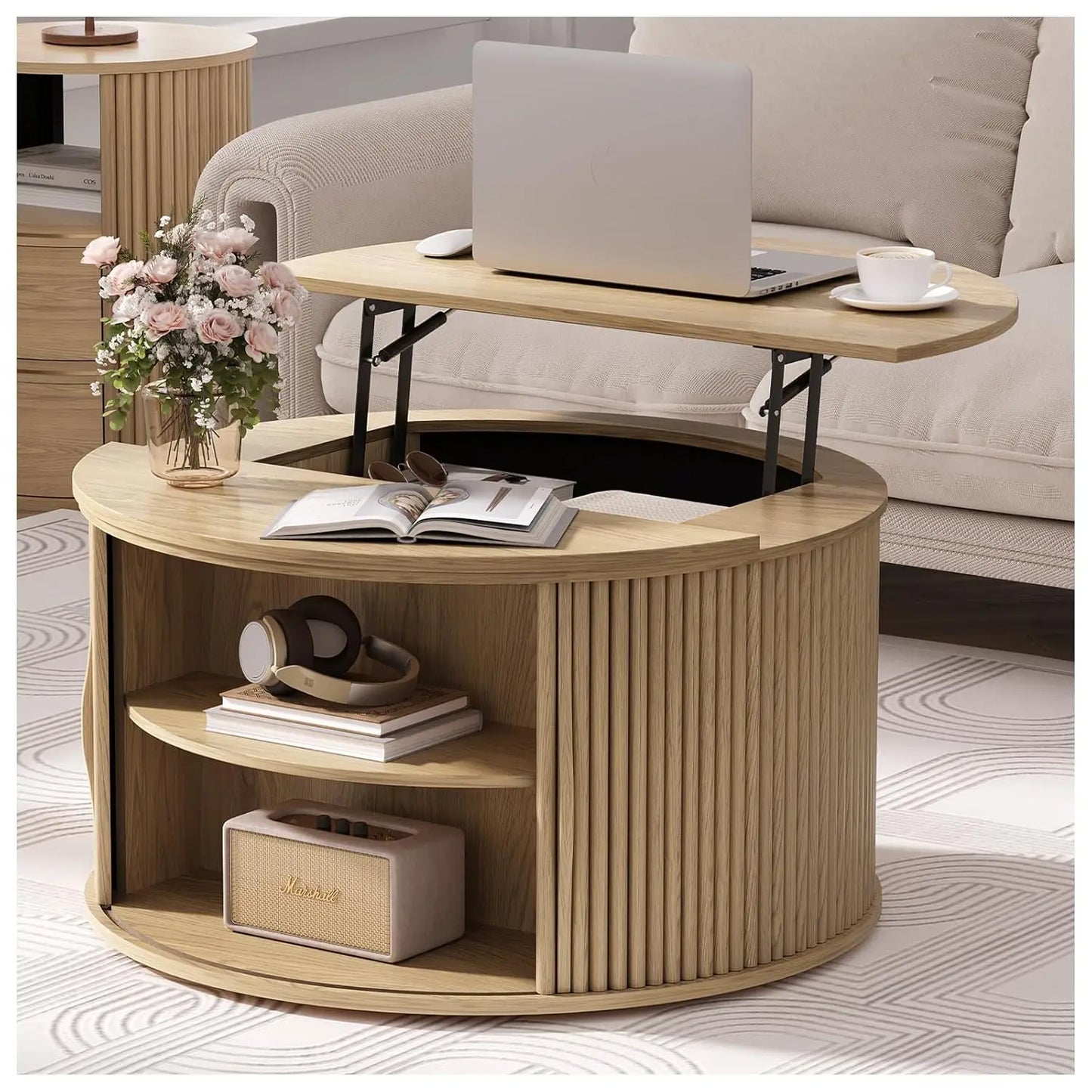 Round Coffee Table With Hidden Storage Walnut Wood Drum Table