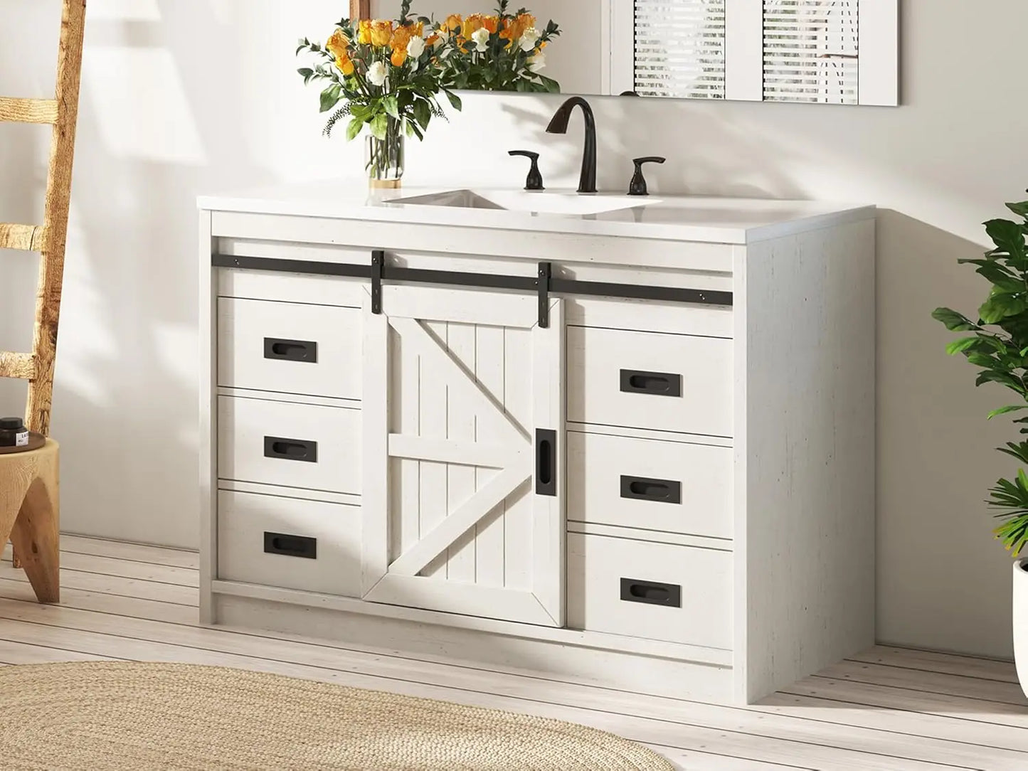 48'' Farmhouse Freestanding Bathroom Vanity with Sink Sliding Barn Door Drawers Metal Handles Deep Basin Storage Custom