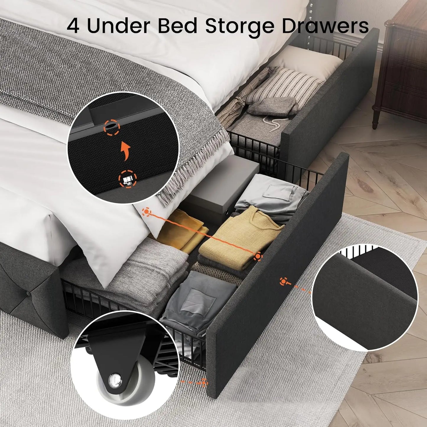 Upholstered Queen Size Bed Frame with 4 Storage Drawers and 47.2" Tall Wingback Headboard Tufted Platform Bed Frame, Customized