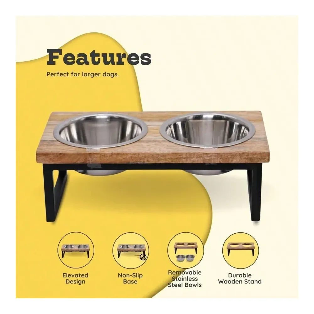Mango Wood Raised Dog Bowl Stand With Stainless Steel Bowls