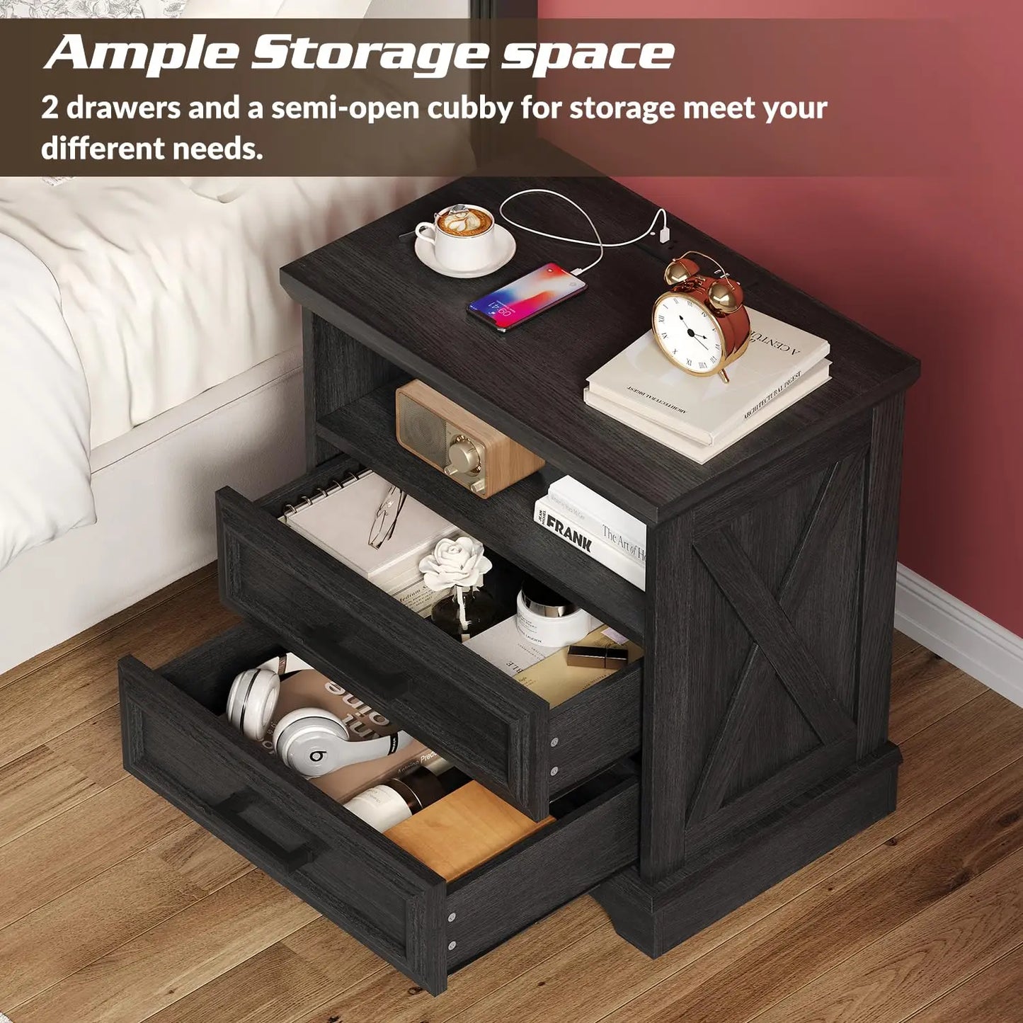 24 Inch Wide Farmhouse Nightstands Set of 2 with Charging Station, Dark Gray Nightstand with 2 Large Drawers,, Customized