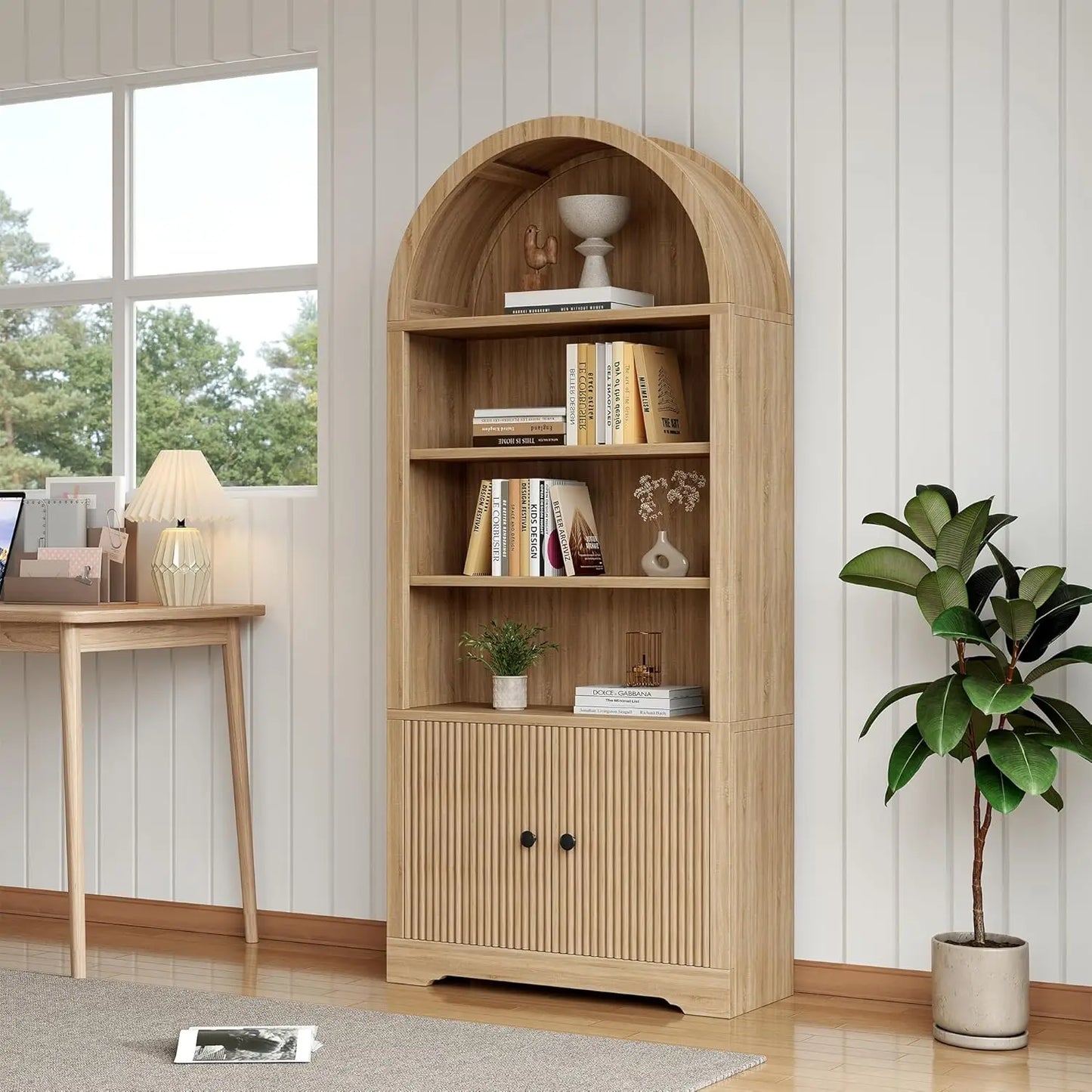 Arched Bookcase With Storage Door 6 Tier Freestanding Cabinet Farmhouse