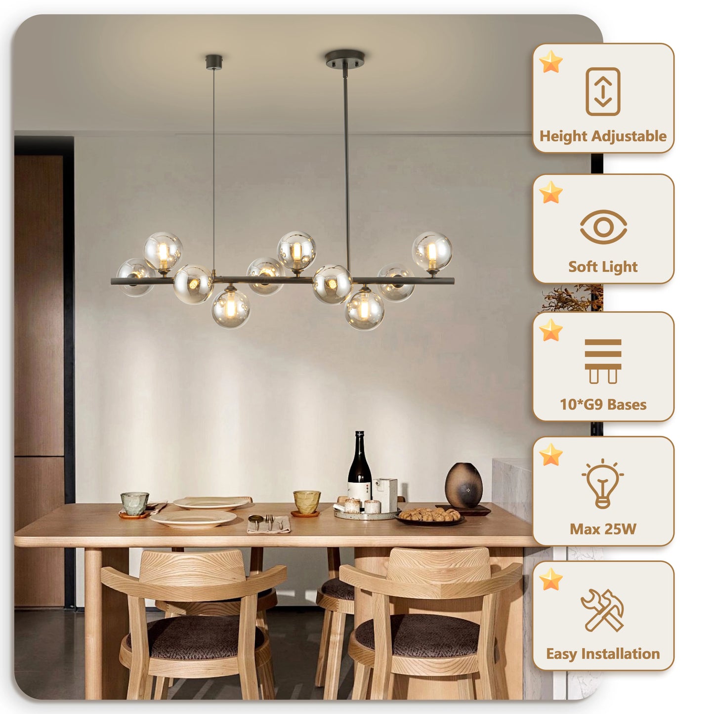 10-Light Matte Black Adjustable Chandelier with Smoked Glass Globe Shades Mid-Century Modern Style Pendant Light for Dining Room