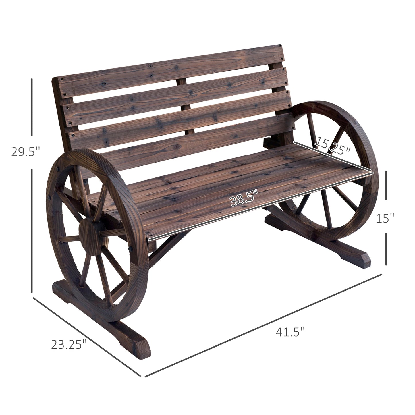 Outsunny Wagon Wheel Bench Wood Outdoor Garden Loveseat Chair Carbonized