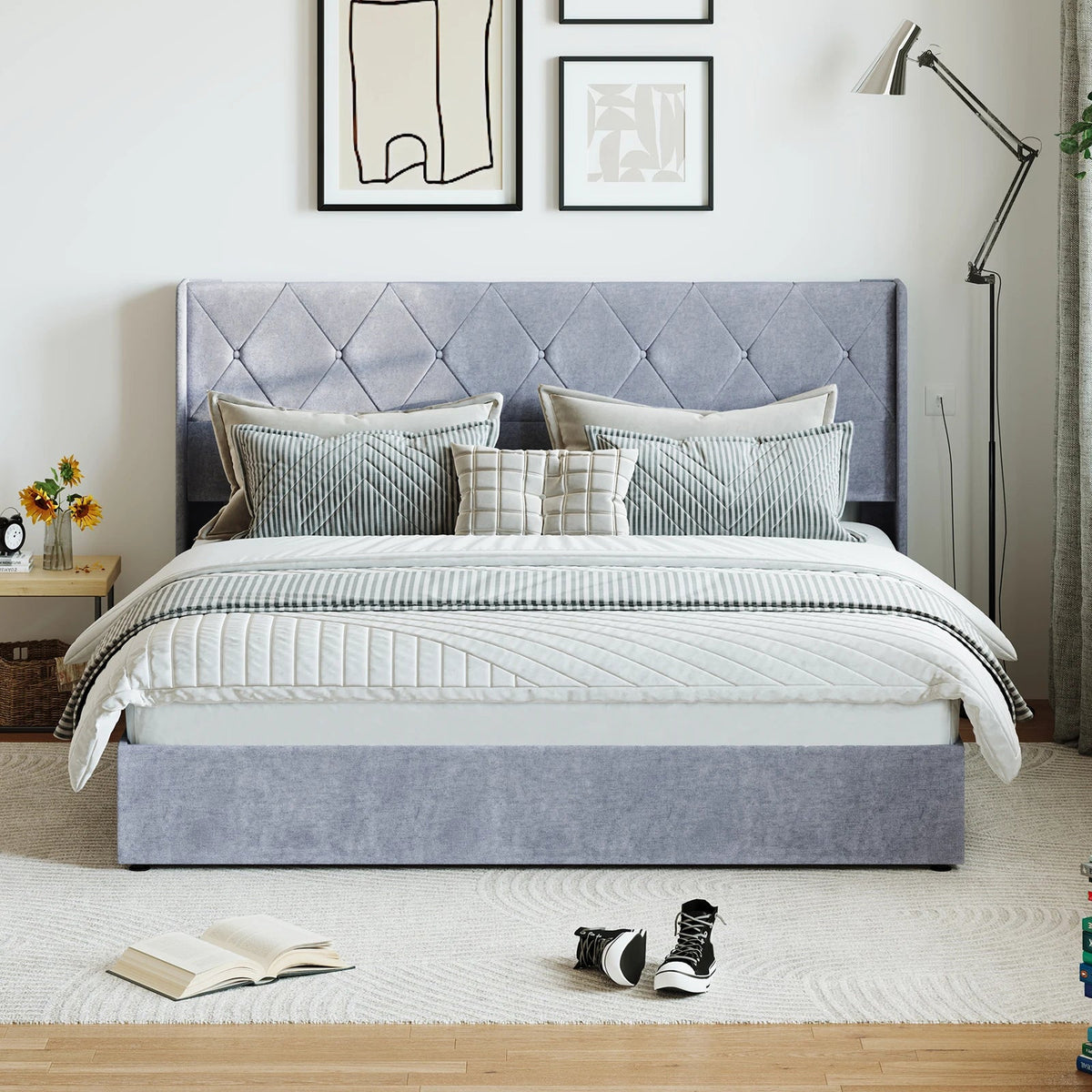 JHK Modern Upholstered Hydraulic Lift Storage Bed Wingback Headboard The Pet & Home Store